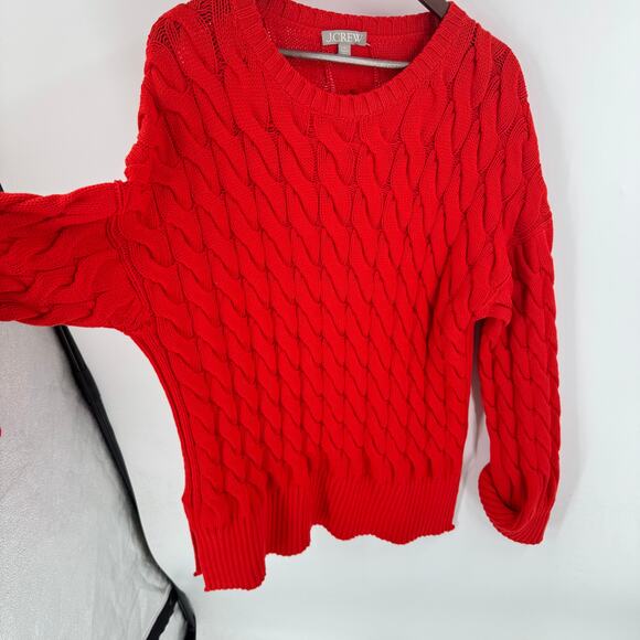J.Crew Red Cotton Cable Knit Heavy Sweater Size L-XL Side Slit Crewneck Classic - Picture 6 of 10